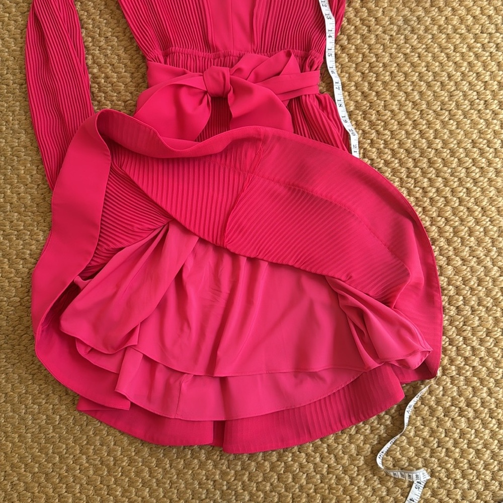 NWOT MILLY Women Liv Pleated Tie-Waist Long Sleeve V-Neck Pink Mini flare Dress - Picture 6 of 7